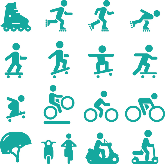 Die Grafik zeigt mehrere Piktogramme von Personen, die sich verschiedenartig bewegen, auf einem Skateboard, Fahrrad oder Roller.