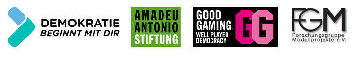 Logos der Niedersächsischen Landeszentrale für politische Bildung, der Amadeu Antonio Stiftung, des Projekts Good Gaming und der Forschungsgruppe Modellprojekte e.V.