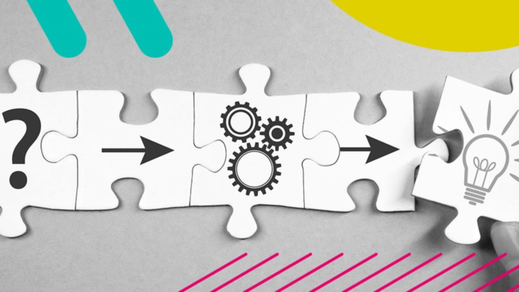 Schmuckgrafik mit fünf Puzzleteilen, darauf sind ein Fragezeichen, Pfeil nach rechts, drei Zahnräder, Pfeil nach rechts, Glühbirne mit Leuchtstrahlen