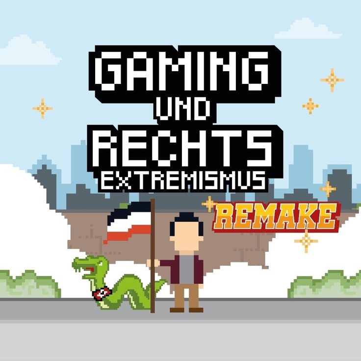 Cover-Bild im Kachel-Stil von Minecraft, auf der Straße im Vordergrund steht eine abstrahierte Person mit Flagge in der Hand, daneben eine Schlange mit Halstuch, beides in Rot, Schwarz, Weiß, im Hintergrund eine Stadt , dazwischen Büsche, Wolken, Ster