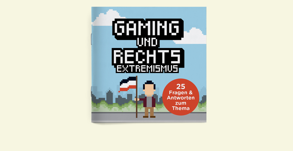 Ein Pixi-Heft mit dem Titel "Gaming und Rechtsextremismus. 25 Fragen & Antworten zum Thema". Eine Landschaft mit einer Person, die eine schwarz-weiß-rote Flagge hält in Pixelgrafik.