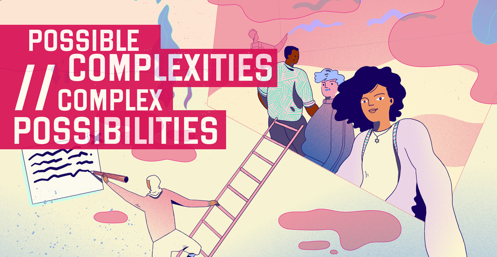 Illustration mit mehreren Personen und dem Titel "Possible Complexities // Complex Posibilities"