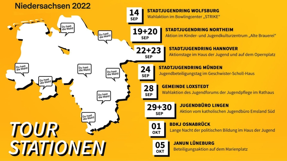 Tourplan der Stationen vom Wahl-O-Mat zum Aufkleben zur Landtagswahl 2022