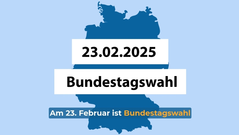 Schmuckgrafik mit Kontur von Deutschland, darauf zu lesen ist 23.02.2025 Bundestagswahl