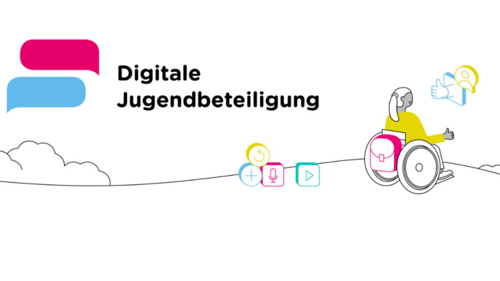 Schmuckgrafik mit jugendlicher Person im Rollstuhl, sowie dem Logo Digitale Jugendbeteiligung